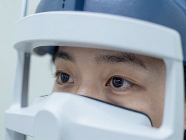 Close-up of an eye undergoing dry eye diagnostic test, modern equipment, bright soft natural light, sterile white and deep blue tones, shallow depth of field.