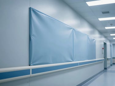 Close-up of a durable wall protection system in a hospital corridor, showing impact resistance and clean lines, cool fluorescent lighting.