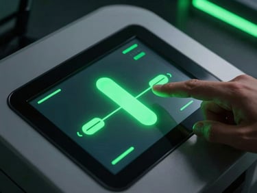 Macro shot of a sleek industrial smart kiosk screen, a hand interacting with a fluid green slider interface, dramatic shadows, neon green ambient glow, shallow depth of field.