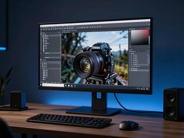 Pristine modern studio workspace, high-contrast digital renders on a screen, cool sapphire ambient light.