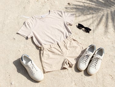 Flat lay of contemporary neutral clothing, leather sneakers, and sunglasses on a sandy concrete surface, bright island sun with soft shadows