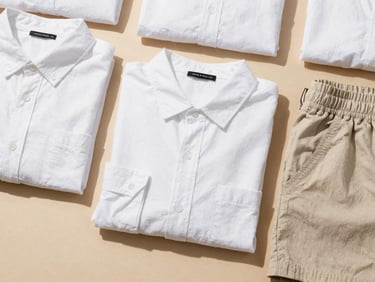 Top-down shot of folded cotton shirts and casual shorts, warm natural lighting, clean styling