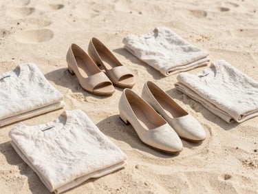 Bright editorial photography of curated contemporary shoes and folded linen clothing on a warm sandy surface, soft island sunlight, 35mm lens
