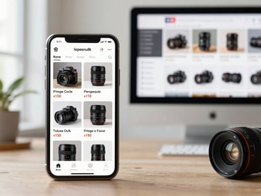 E-commerce product page displayed side-by-side on a smartphone and desktop monitor, product grid visible, natural daylight from left, neutral desk surface below