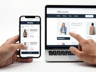 Studio-lit smartphone and laptop side-by-side displaying an Indonesian e-commerce product listing page, clean white background, hands hovering near checkout button visible on screen
