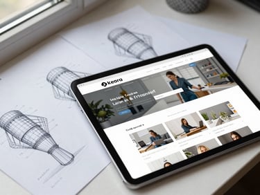 Close-up overhead flat-lay of wireframe sketches and a tablet showing a clean company profile website homepage, natural daylight from a side window, design notes visible on paper