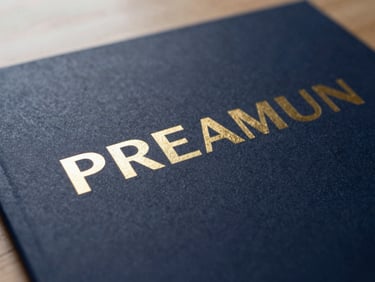 Close-up of physical premium campaign collateral with gold foil accents on dark navy textured paper, warm natural lighting