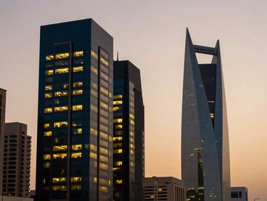 Wide editorial shot of modern Riyadh financial district architecture at dusk, warm office window lights, clean geometric lines