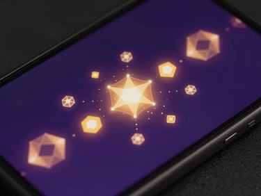 Isometric view of a mobile game screen, abstract glowing geometric nodes and particle physics in deep violet and amber lighting