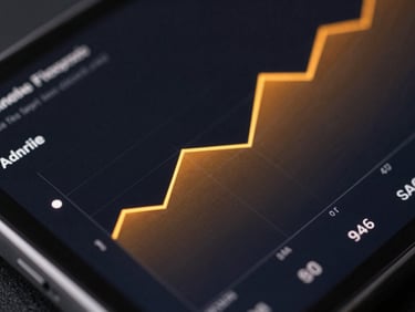 Extreme close-up macro shot of a sleek Android UI showing dark-mode telemetry charts with glowing amber accents, high-fidelity 3D rendering
