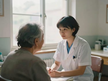 A healthcare worker in a warm, naturally lit community clinic talking gently with an elderly resident, soft window light, unposed dignity.