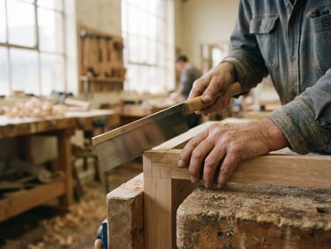 A close-up photograph of hands working on a carpentry project in a bright vocational workshop, natural window light, muted organic tones, shallow depth of field, warm documentary style.