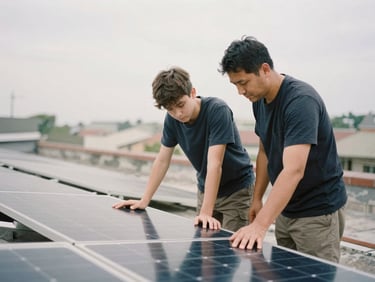 A mentor guiding a young adult adjusting a solar panel installation on a rooftop, soft overcast daylight, natural unposed documentary style.