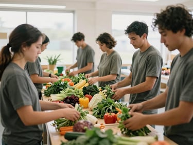 Volunteers organizing fresh produce in a bright, clean community pantry, soft morning light, authentic documentary feel.