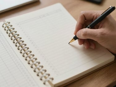 Close overhead of a hand writing in a planning notebook on a desk, columns of figures visible, a simple spreadsheet printout alongside, practical office lighting, warm neutral tones