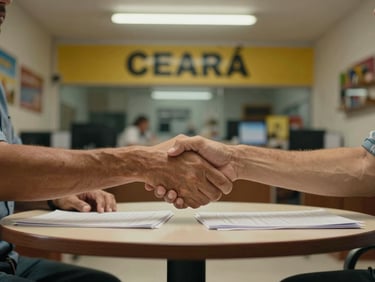 Two pairs of hands across a small office table with documents between them, a handshake beginning, warm overhead practical lighting, interior of a modest Ceará storefront visible in background, functional and grounded