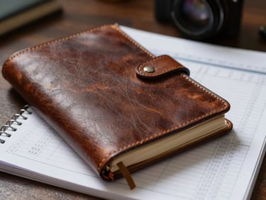 Close-up detail of a well-worn leather notebook and a financial ledger on a dark oak desk, soft directional light, scholarly atmosphere.
