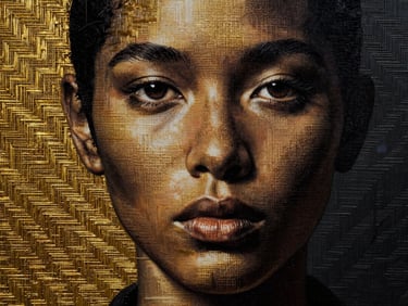 A close-up of a mixed-media portrait featuring intricate woven textiles, vibrant gold threads, and deep charcoal shadows.
