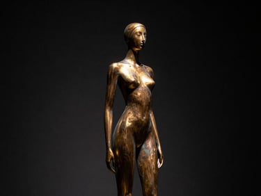 A sleek bronze sculpture of a stylized figure, polished gold accents reflecting sharp gallery spotlighting against a dark background.