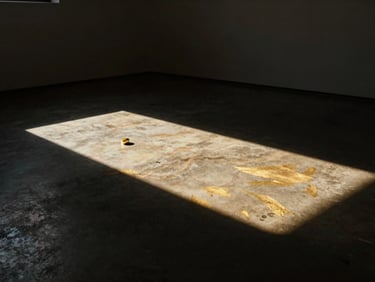 A dramatic gallery interior photograph, high-contrast spotlighting casting deep shadows on a textured concrete floor, warm gold accents.