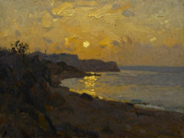 A high-contrast detail of an oil painting depicting a hazy golden twilight over a coastal landscape, visible brushwork and rich texture.