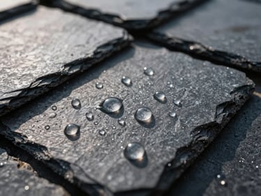Extreme macro close-up of water beading into perfect spheres on a dark slate roof shingle, bright direct sunlight, high contrast, hydrophobic effect
