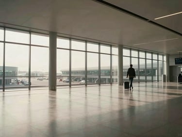 Wide shot of a calm, minimalist airport terminal corridor with soft morning light streaming through large windows, a single traveler walking with a carry-on suitcase in the background, generous negative space.
