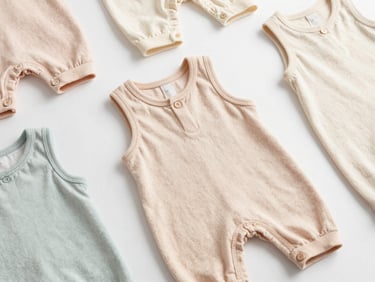 Macro flat-lay of soft pastel children's knitted cotton rompers, clean studio lighting, focus on neat stitching and snaps, 35mm