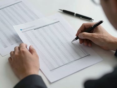 Close overhead shot of hands reviewing a dense financial valuation document on a clean desk, a pen resting beside printed spreadsheet pages, cool studio light, no decoration