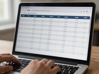 Tight framing of a laptop screen displaying a debt amortization schedule table in a minimal interface, hands at the keyboard partially visible, natural daylight from the left, high contrast