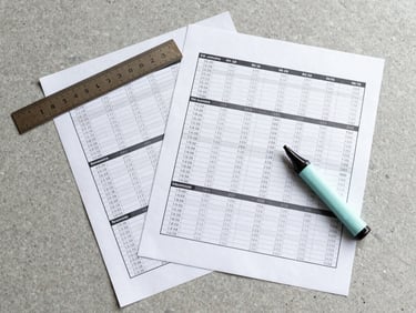 Overhead flat-lay of printed financial diagnostic reports, a ruler and a highlighter resting on the pages, clean stone-gray desk surface, cool north-facing light, sharp focus on numbers