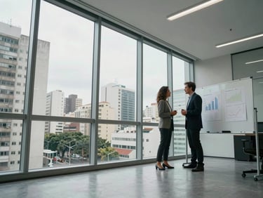 Wide-angle shot of a São Paulo office floor from a low angle, floor-to-ceiling windows with city buildings behind, two professionals standing at a whiteboard with financial charts, cool daylight, no posed smiles
