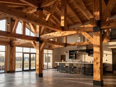 Interior perspective of a luxury barndominium great room, showcasing exposed Douglas fir timber trusses integrated with black steel connector plates under warm golden hour light.