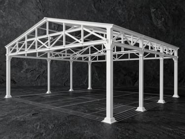 Architectural blueprint rendering of a clear-span steel frame structure, clean white lines on a dark slate background, showcasing the open interior volume.