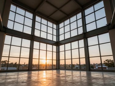 Interior of a soaring double-height living space with massive clear-span steel frames, completely open floor plan, warm sunset light pouring through floor-to-ceiling windows
