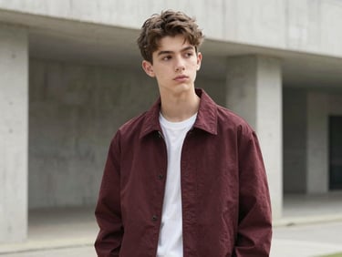 Medium shot of a stylish teenager with a thoughtful expression in an urban concrete architectural setting, soft daylight, editorial styling.