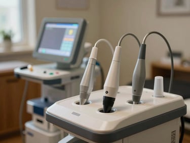 Close-up of modern clinical veterinary physiotherapy equipment, specialized probes and digital screens softly glowing in a warm residential background, clinical precision in a home environment.