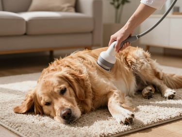 Soft sunlight illuminating a calm golden retriever lying on a plush living room rug, a professional hand gently applying a therapeutic laser device to its hip, warm home atmosphere.