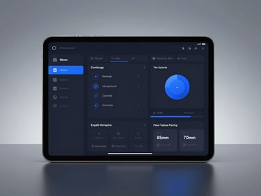 Sleek dark-mode tech photography, tablet displaying clean dark-mode compliance dashboard with blue highlights, sharp focus