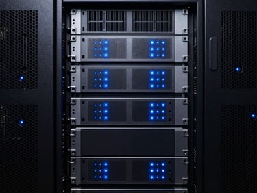 Sleek dark-mode tech photography, macro shot of server racks with cool blue indicator lights, architectural symmetry, premium B2B aesthetic