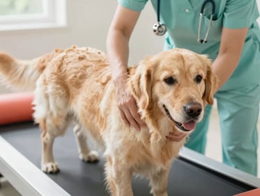 A medium-sized dog, possibly a Golden Retriever, undergoing gentle physical therapy on an underwater treadmill, assisted by a caring veterinarian, bright natural daylight, eye-level framing, warm and intimate close-up.
