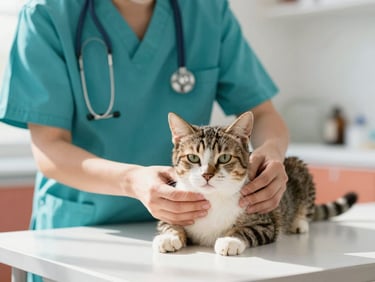 A veterinarian gently examining a cat on a clean examination table, bright natural daylight, vet wearing turquoise scrubs, cat looking calm, shallow depth of field.