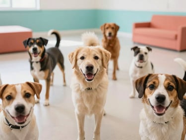 Several happy dogs of various breeds playing together in a spacious, clean indoor daycare area with soft play equipment, bright natural daylight, eye-level framing, warm and intimate close-up.