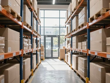 Organized warehouse interior with high shelves stacked with packages, clear aisles, natural light streaming from large windows, professional corporate photography, bright natural daylight, deep navy and cream tones, sharp focus, 35mm lens