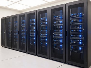 Wide shot of a modern data center with rows of servers, glowing blue and white lights, clean lines, professional corporate photography, bright natural daylight, deep navy and cream tones, sharp focus, 35mm lens