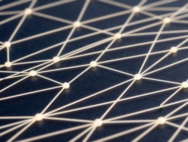 Abstract digital security concept with glowing network lines over a dark background, representing secure data flow, professional corporate photography, bright natural daylight, deep navy and cream tones, sharp focus, 35mm lens