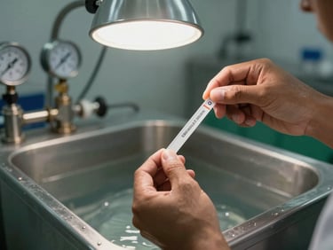 Close-up of hands holding a water chemistry test strip over a stainless steel tank inside a Latin American purification plant, industrial overhead light, chlorine reading clearly visible, equipment gauges in soft focus background, documentary realism