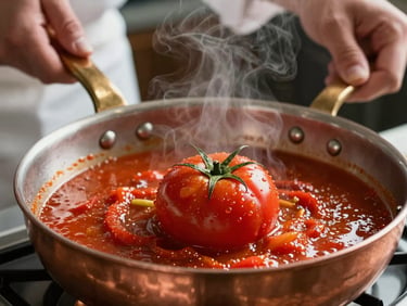 Macro detail shot of a rich red tomato reduction glistening in a copper pan, chef's hands holding the handle, steam rising, warm ambient kitchen glow.