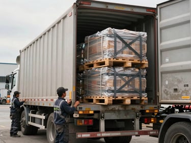 Close-up of a freight truck being loaded at a warehouse dock, workers in work clothes stacking pallets, cargo straps visible, overcast daylight through open dock door, documentary style