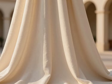 Close-up of heavy crepe fabric with a subtle texture, soft diffused daylight, showing elegant drape and weight, 35mm